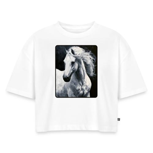 White Horse Oil Painting Design - Women's Oversized Organic Cropped T-Shirt