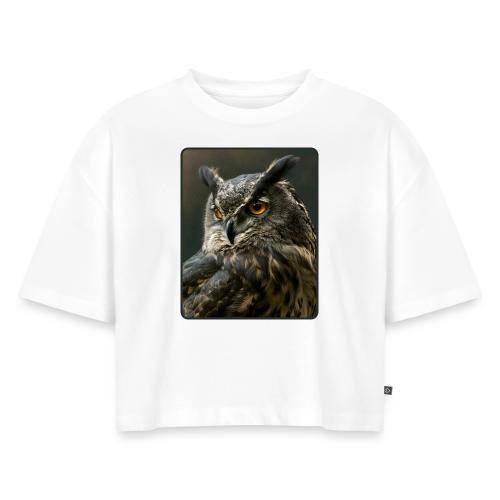Eurasian Eagle Owl Portrait Design - Women's Oversized Organic Cropped T-Shirt