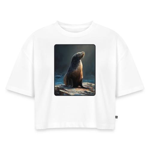Fur Seal Artistic Shore Portrait Design - Women's Oversized Organic Cropped T-Shirt