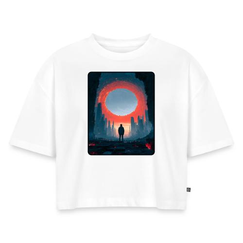 Cosmic Portal Future City Design - Women's Oversized Organic Cropped T-Shirt