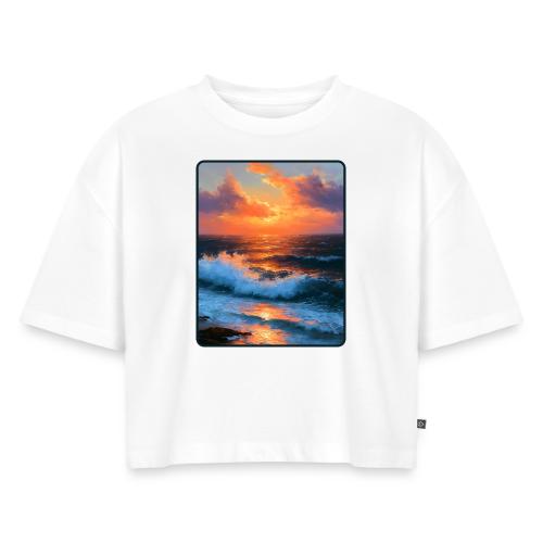 Sunset Storm Waves Oil Painting - Women's Oversized Organic Cropped T-Shirt