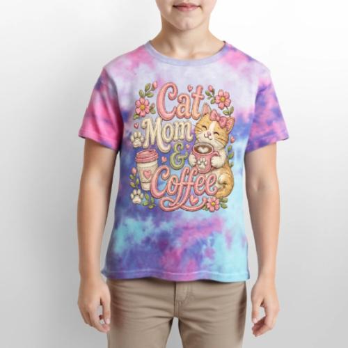 Cat Mom & Coffee Faux Stitched Cat Lover Design - Kid's Tie Dye T-Shirt