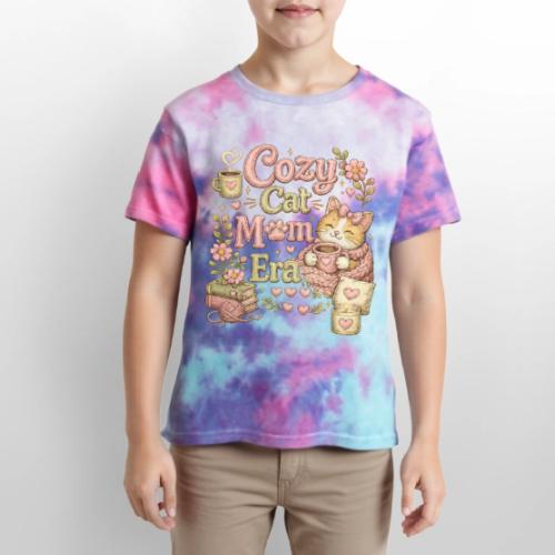 Cozy Cat Mom Era Faux Stitched Design - Kid's Tie Dye T-Shirt