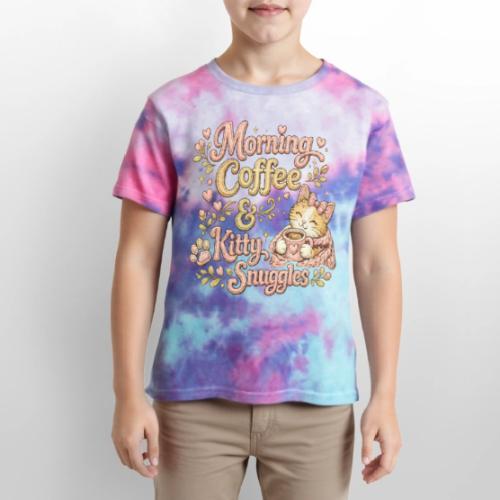 Morning Coffee & Kitty Snuggles Faux Stitched - Kid's Tie Dye T-Shirt