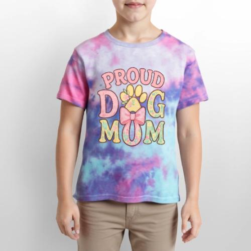 Proud Dog Mom Floral Paw Bow - Kid's Tie Dye T-Shirt