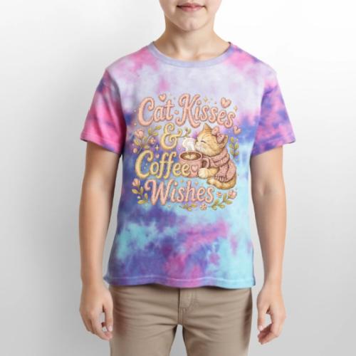Cat Kisses & Coffee Wishes Faux Stitched - Kid's Tie Dye T-Shirt
