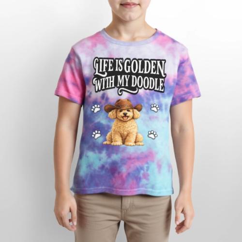 Life Is Golden With My Doodle Cowboy Goldendoodle - Kid's Tie Dye T-Shirt