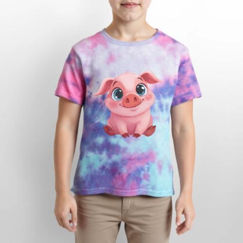 Adorable Cartoon Baby Pig Sitting with Big Eyes - Kid's Tie Dye T-Shirt