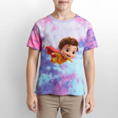Flying Cartoon Superhero Boy in Yellow Suit - Kid's Tie Dye T-Shirt