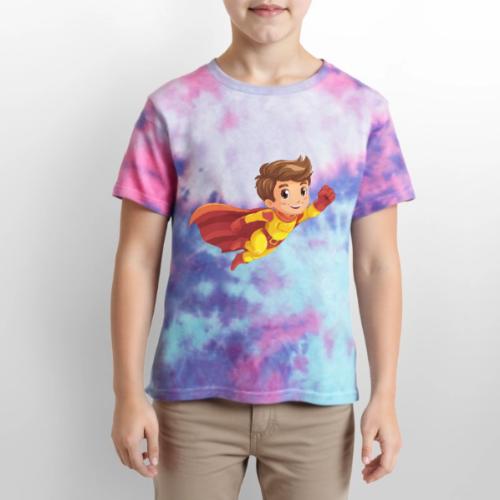 Cheerful Cartoon Superhero Boy Flying High - Kid's Tie Dye T-Shirt