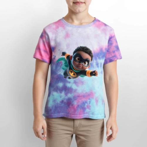 Brave Cartoon Superhero Boy in Green Cape - Kid's Tie Dye T-Shirt