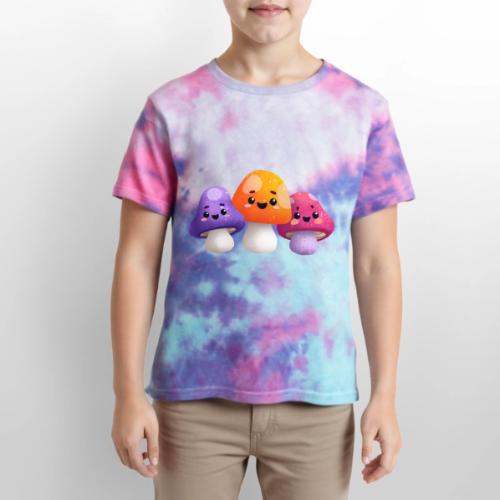 Colorful Mushroom Companions - Kid's Tie Dye T-Shirt