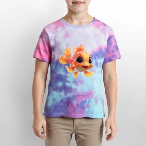 Cheerful 3D Orange Baby Fish - Kid's Tie Dye T-Shirt