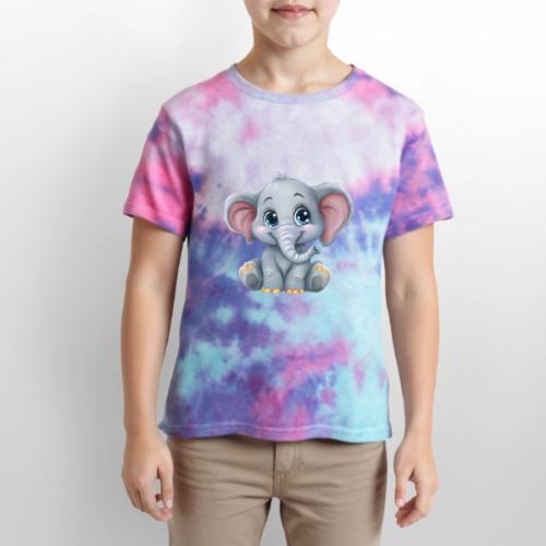 Sweet Cartoon Baby Elephant with Big Eyes - Kid's Tie Dye T-Shirt