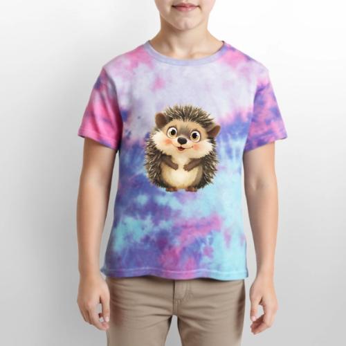 Smiling Cartoon Hedgehog with Joyful Expression - Kid's Tie Dye T-Shirt