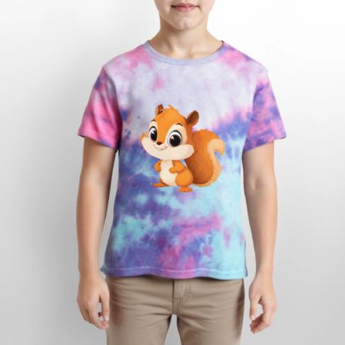 Playful Cartoon Squirrel with Big Innocent Eyes - Kid's Tie Dye T-Shirt