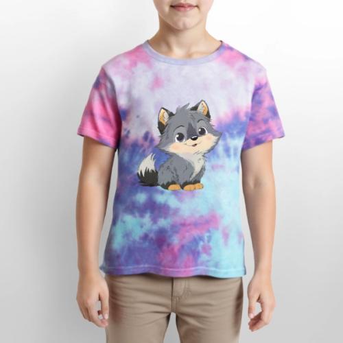 Cute Cartoon Baby Wolf with Innocent Eyes - Kid's Tie Dye T-Shirt