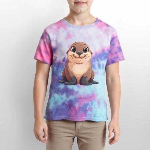 Smiling Cartoon Brown Sea Lion - Kid's Tie Dye T-Shirt