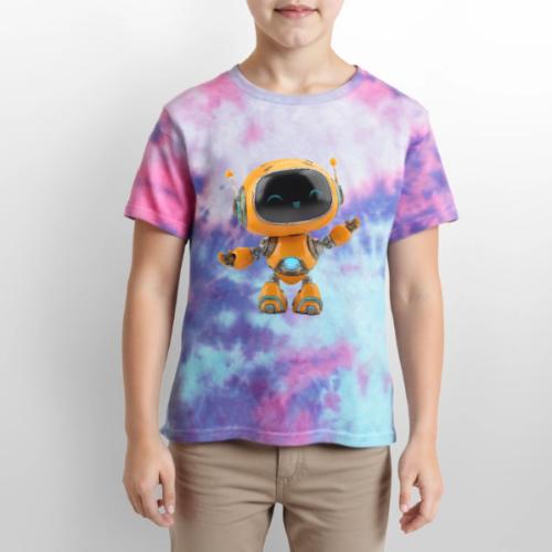 Playful Orange 3D Cartoon Robot for Kids - Kid's Tie Dye T-Shirt