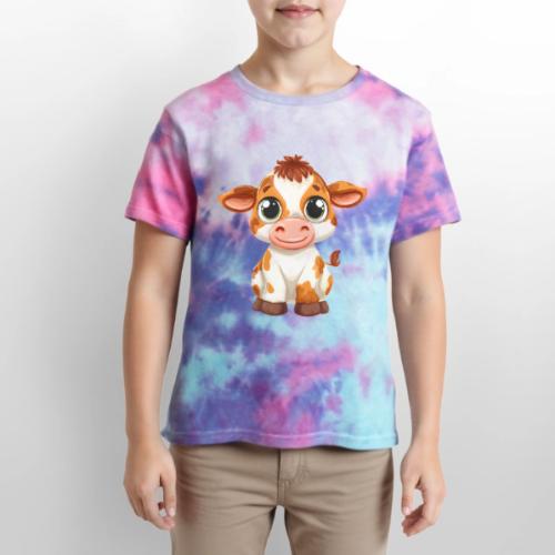 Cute Cartoon Baby Calf with Bright Innocent Eyes - Kid's Tie Dye T-Shirt