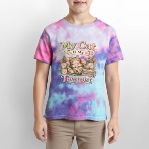 Flux Faux Embroidery My Cat Is My Therapist Design - Kid's Tie Dye T-Shirt