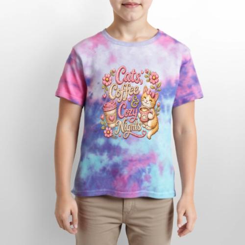 Cats, Coffee & Cozy Nights Faux Stitched Design - Kid's Tie Dye T-Shirt