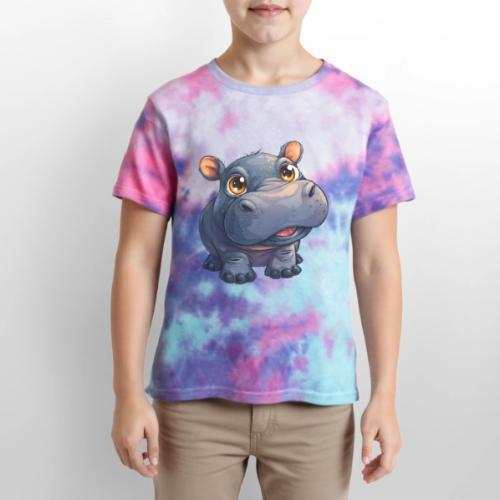 Cute Cartoon Baby Hippo with Big Innocent Eyes - Kid's Tie Dye T-Shirt