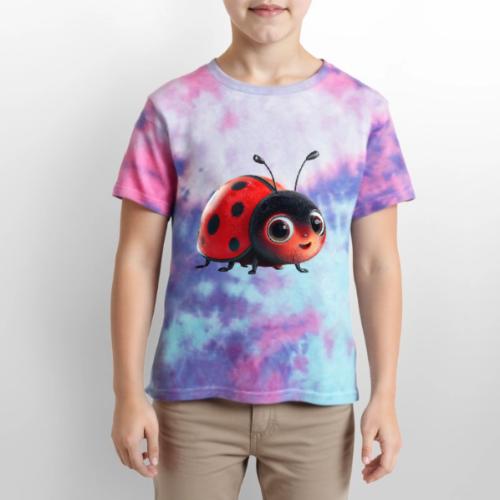 Adorable Cartoon Ladybug with Big Eyes - Kid's Tie Dye T-Shirt
