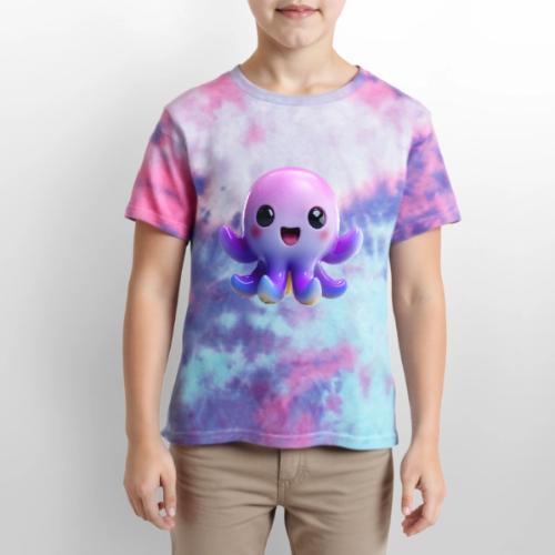 Joyful Cartoon Purple Baby Octopus with Big Smile - Kid's Tie Dye T-Shirt