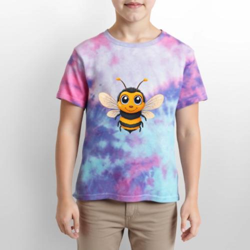 Happy Cartoon Baby Bee with Open Wings - Kid's Tie Dye T-Shirt