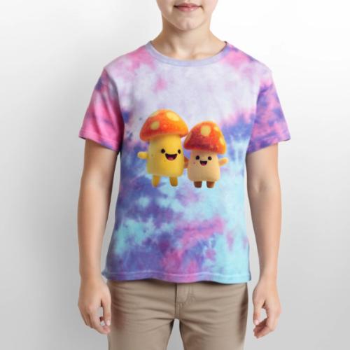 Joyful Cartoon Mushroom Duo - Kid's Tie Dye T-Shirt