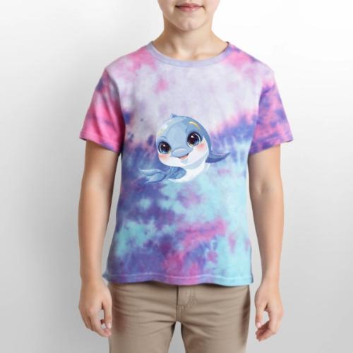 Joyful Blue-White Baby Dolphin - Kid's Tie Dye T-Shirt