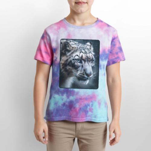 Snow Leopard Blue Eyes Design - Kid's Tie Dye T-Shirt