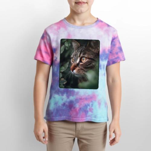 Tabby Cat Jungle Eyes Design - Kid's Tie Dye T-Shirt