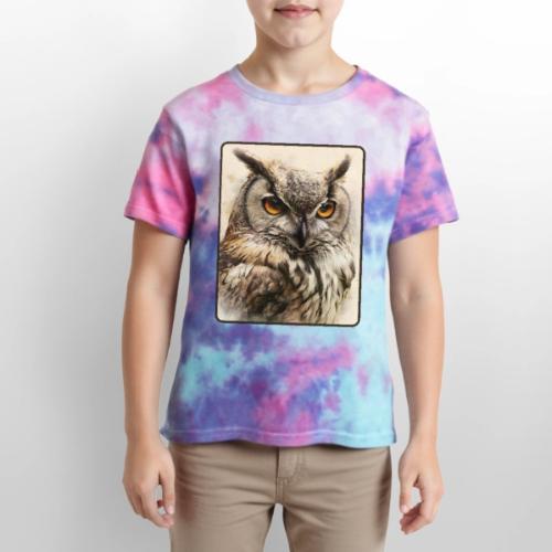 Great Horned Owl Watercolor Design - Kid's Tie Dye T-Shirt
