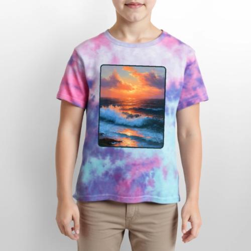 Sunset Storm Waves Oil Painting - Kid's Tie Dye T-Shirt