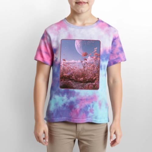 Cosmic Moon & Cosmos Flowers Art - Kid's Tie Dye T-Shirt