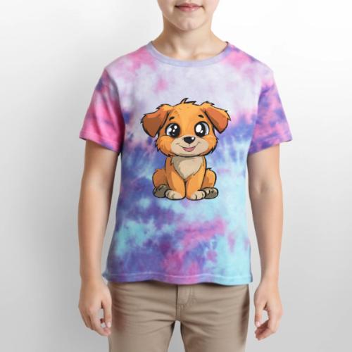 Cute Sitting Puppy Cartoon with Big Eyes - Kid's Tie Dye T-Shirt