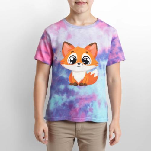 Adorable Cartoon Fox with Big Innocent Eyes - Kid's Tie Dye T-Shirt