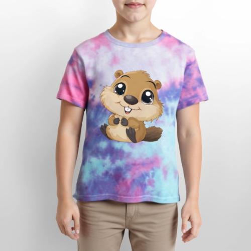 Adorable Cartoon Baby Beaver with Big Eyes - Kid's Tie Dye T-Shirt