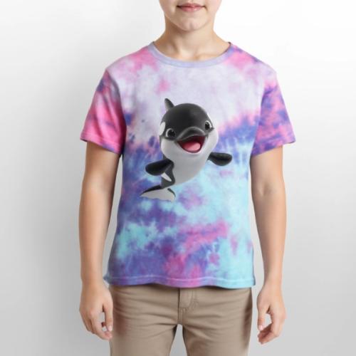 Smiling Cartoon Baby Orca - Kid's Tie Dye T-Shirt