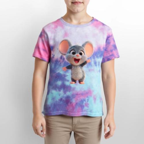 Joyful Cartoon Baby Mouse Arms Up - Kid's Tie Dye T-Shirt