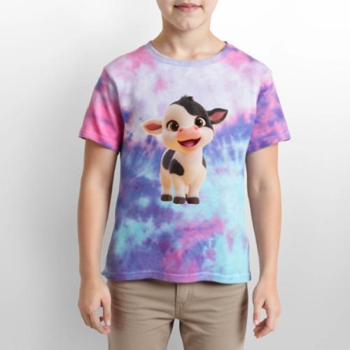 Joyful Cartoon Baby Cow Standing - Kid's Tie Dye T-Shirt