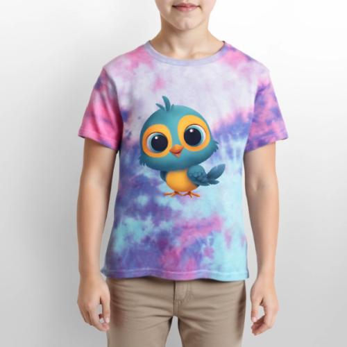 Joyful Cartoon Bird Standing in Yellow and Blue - Kid's Tie Dye T-Shirt