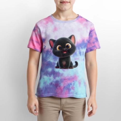 Adorable 3D Black Kitten with Big Eyes - Kid's Tie Dye T-Shirt