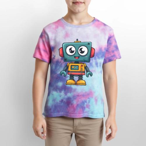 Cute Cartoon Robot Standing with a Smile - Kid's Tie Dye T-Shirt