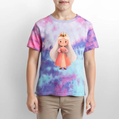 Cute Cartoon Little Princess with Long Hair - Kid's Tie Dye T-Shirt