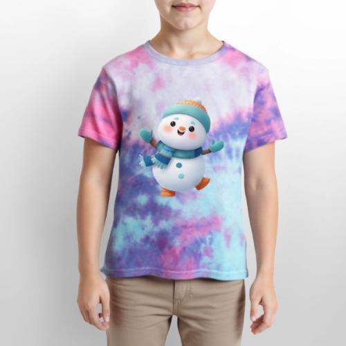 Joyful Cartoon Snowman Arms Up - Kid's Tie Dye T-Shirt