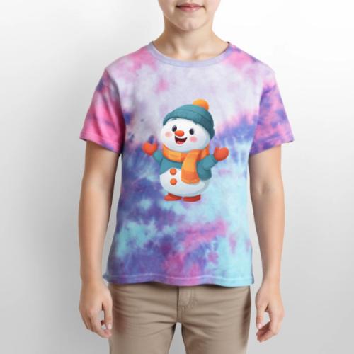 Joyful Cartoon Snowman with Winter Outfit - Kid's Tie Dye T-Shirt