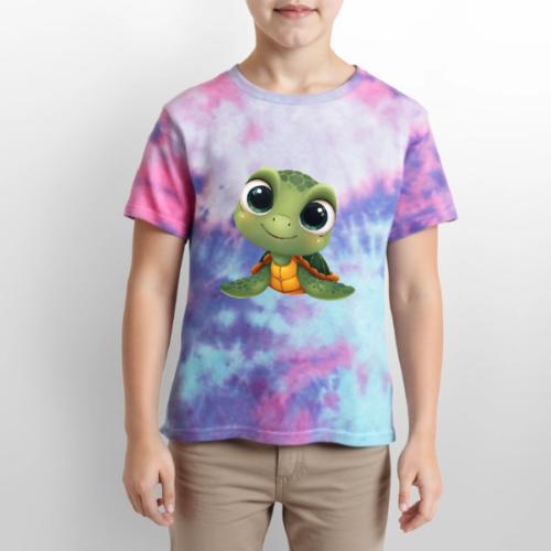 Cheerful Green Cartoon Sea Turtle with Big Eyes - Kid's Tie Dye T-Shirt